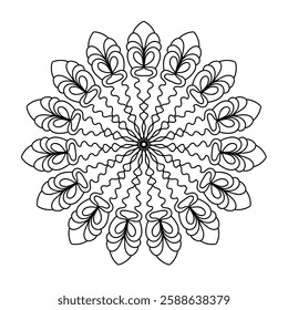 Abstract pattern in a circle. Mandala ornament. Intricate lacy pattern. The spiritual symbol of mindfulness and symmetry. Coloring page element.