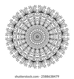 Abstract pattern in a circle. Mandala ornament. Intricate lacy pattern. The spiritual symbol of mindfulness and symmetry.  Coloring page element.