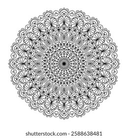 Abstract pattern in a circle. Mandala ornament. Intricate lacy pattern. The spiritual symbol of mindfulness and symmetry.  Coloring page element.