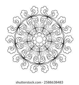 Abstract pattern in a circle. Mandala ornament. Intricate lacy pattern. The spiritual symbol of mindfulness and symmetry.  Coloring page element.