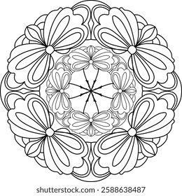 Abstract pattern in a circle. Mandala ornament. Intricate lacy pattern. The spiritual symbol of mindfulness and symmetry.  Coloring page element.