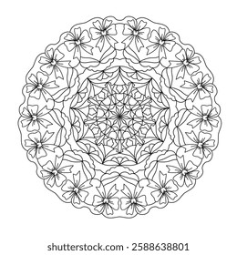 Abstract pattern in a circle. Mandala ornament. Intricate lacy pattern. The spiritual symbol of mindfulness and symmetry. Coloring page element.