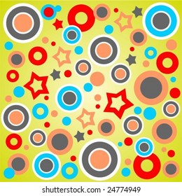 Abstract pattern with circles and stars on a green background.