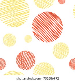 Abstract pattern with circles, textured with hand drawn lines. Yellow and red colors. Simple pattern for fabric and wrapping. Background pattern
