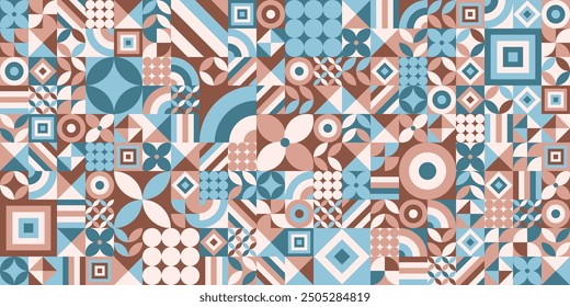 Abstract pattern with circles, triangles and squares. Neo geometric grid with color geometrical shapes. Textile and digital seamless design in trendy Bauhaus style