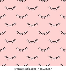 Abstract pattern with closed eyes on pink background. Cute eyelashes illustration. Fashion design for textile, wallpaper, fabric. svg