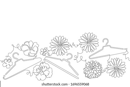 Abstract Pattern with Clothes Hangers among Flowers. Vector background.