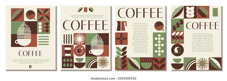 Abstraktes Kaffeemuster Geometrisches Poster: Ein Set von vier auffälligen Postkarten Designs. Design für Social Media, Cover, Broschüre