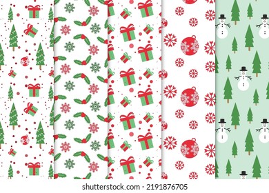 Abstract pattern collection with red and green Christmas elements vector. Seamless Christmas pattern bundle on white backgrounds. Christmas element pattern set decoration for wallpapers and book cover