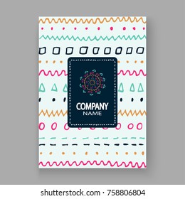 Abstract pattern with color hand drawn strokes artistic cover frame design. Minimal drawing lines white background. Trendy ethnic template vector Cover Report Catalog Brochure Flyer Poster Banner