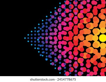 Abstract pattern of colored dots on a black background. Wallpaper. Halftone vector gradient. Bright LED pattern. Arrow. Vector background. Cover, poster, postcard