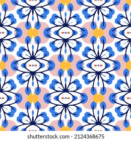 Abstract pattern of colored leaves, flowers and geometric elements. Seamless vector background.