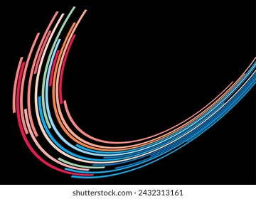 
Abstract pattern of colored lines on a black background. Neon threads. Optical effect. Vector background. Light show.