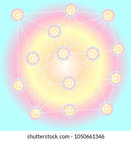 Abstract pattern of colorful circles in pastel colors (represent multi-skills or variety characteristics) that connected by white lines as a network. Concept of future technology. Vector illustration.