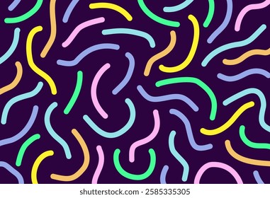 Abstract pattern with colorful curved lines on a dark background. Modern vibrant design for textile, wallpaper, wrapping paper, and digital prints.