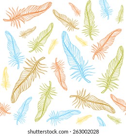 Abstract pattern of colorful feathers on white background
