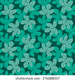 Abstract pattern colorful fig tree leaves. Tropical seamless pattern with fig leaves on dark green background. Vector illustration in hand drawn style. Ornament for textile and wrapping.