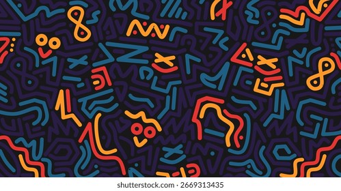 Patrón Abstractas con líneas geométricas coloridas del doodle en tonos azules amarillos rojos y naranjas en un fondo oscuro que crea un diseño vibrante moderno para la decoración textil, del Fondo de pantalla y de Digitaces