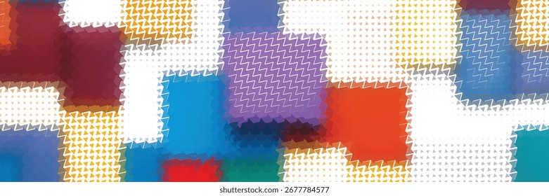 Abstract pattern of colorful geometric shapes and blocks with a pixelated or halftone effect creating a modern and vibrant visual texture