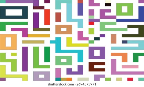 Abstract pattern of colorful geometric shapes on white background perfect for backgrounds, textiles, packaging design, and modern art concepts.