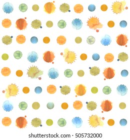Abstract pattern with colorful hand painted splashes, spots and dots. Vector seamless background.