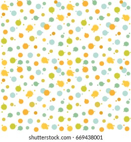 Abstract pattern with colorful hand painted splashes, spots and dots. Vector seamless watercolor style background.