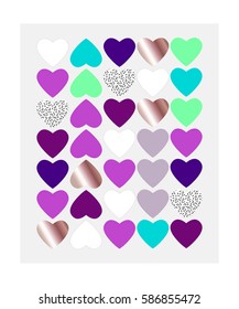 Abstract pattern with colorful hearts silhouette. Universal print for wall decor, poster and postcard. Shades of purple and pink gold. Contemporary Art, Minimalist. Geometric, aesthetic. Vector EPS 10
