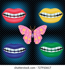 Abstract pattern with colorful lips and butterfly. Vector texture for your  design. For the press on covers, tickets, wallpaper, shirts