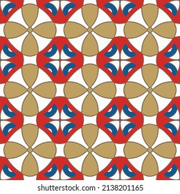 Patrón abstracto con elementos decorativos repetitivos coloridos. Ideal para textiles, tejidos, adornos domésticos.