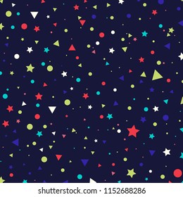 Abstract pattern colorful small circles, stars and triangles on blue background. Infinity geometric. Vector illustration
