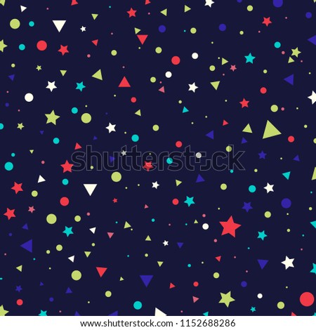 Abstract pattern colorful small circles, stars and triangles on blue background. Infinity geometric. Vector illustration