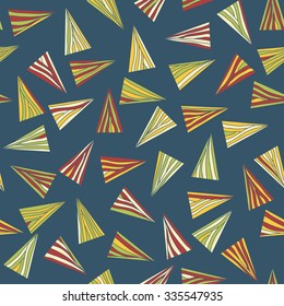 Abstract pattern with colorful triangles. Seamless. Stylized texture with triangles and hand drawn elements. Bright puzzle background for decoration or backdrop.