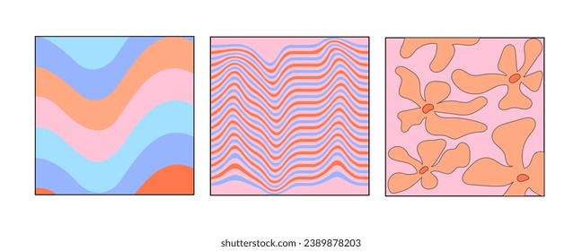 Abstract pattern with colorful waves with flower. Trendy illustration in style retro 60s, 70s