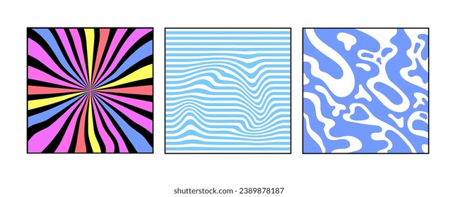 Abstract pattern with colorful waves with rays. Trendy illustration in style retro 60s, 70s