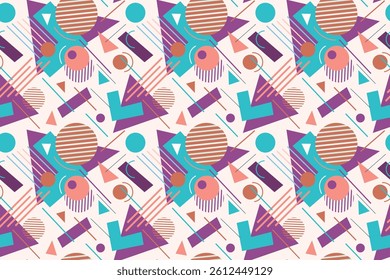 Abstract pattern combination of circles, triangles, and rectangles in a variety trendy of colors, creating a dynamic and playful geometric design. Fo textile, fashion, postcards