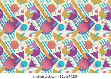 Abstract pattern combination of circles, triangles, and rectangles in a variety trendy of colors, creating a dynamic and playful geometric design. Fo textile, fashion, postcards