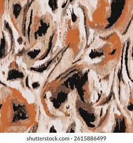 An abstract pattern combining orange, black and white colors with curved shapes