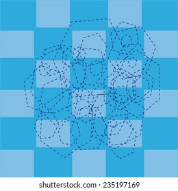 An abstract pattern, composed of rectangles, hexagons, with shading on a blue background