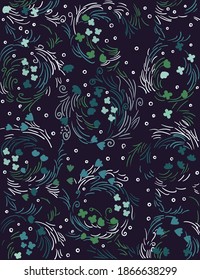 Abstract pattern composed using curved lines, flower buds and leaves. Vector