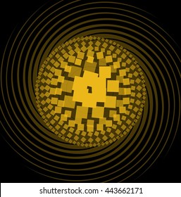 Abstract pattern composed of yellow squares with different color intensity, circle shape on swirl beams, black background