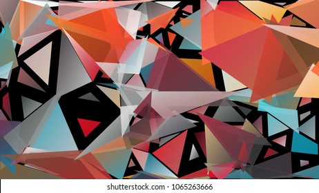 Abstract pattern consisting of randomly distributed triangles of different sizes and colors against black background. Chaotic colorful backdrop in a low poly style.