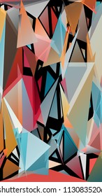 Abstract pattern consisting of randomly distributed triangles of different sizes and colors against black background. Chaotic colorful backdrop in a low poly style.