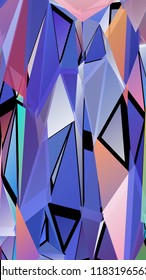 Abstract pattern consisting of randomly distributed triangles of different sizes and colors against black background. Chaotic colorful backdrop in a low poly style.