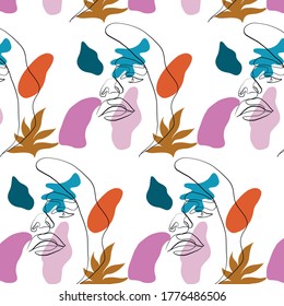 Abstract pattern with contemporary colorful shapes and one line portrait of woman. Design wrapping paper. Print for cloth. Contemporary texture. Trendy background. Continuous line female fase. 