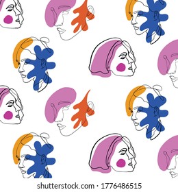 Abstract pattern with contemporary colorful shapes and one line portrait of woman. Design wrapping paper. Print for cloth. Contemporary texture. Trendy background. Continuous line female fase. 