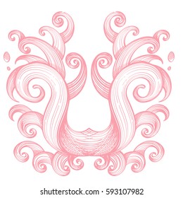 Abstract pattern contour as red waves or strands of hair. Smooth lines collected into bundles.
