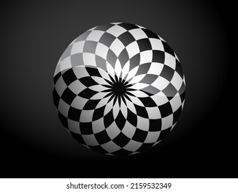 Abstract pattern cover black and white 3D ball. Vector illustration isolated on dark background.