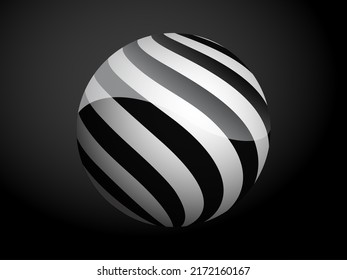 Abstraktes Muster bedeckt schwarz-weißer 3D-Ball. Vektorgrafik einzeln auf dunklem Hintergrund.