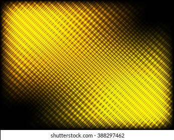 Abstract pattern of crossing gleaming golden lines. Rays/beams of light. Glowing golden highlights on black background. Theatrical stage lights effect. Lattice of spotlights. Gleaming gold background.