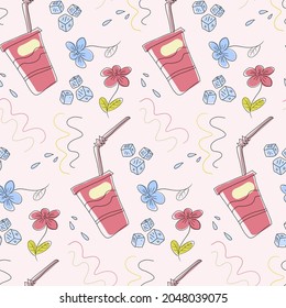 Abstract pattern with cups, ice cubes, and flowers and wavy lines. Seamless vector pattern.